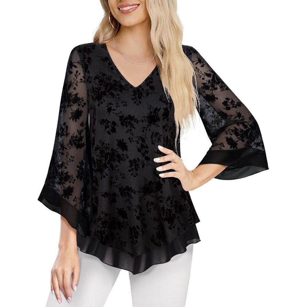 Womens Blouse Double Layers Mesh Floral Ruffle 3/4 Sleeve Tunic Top - Picture 2 of 5